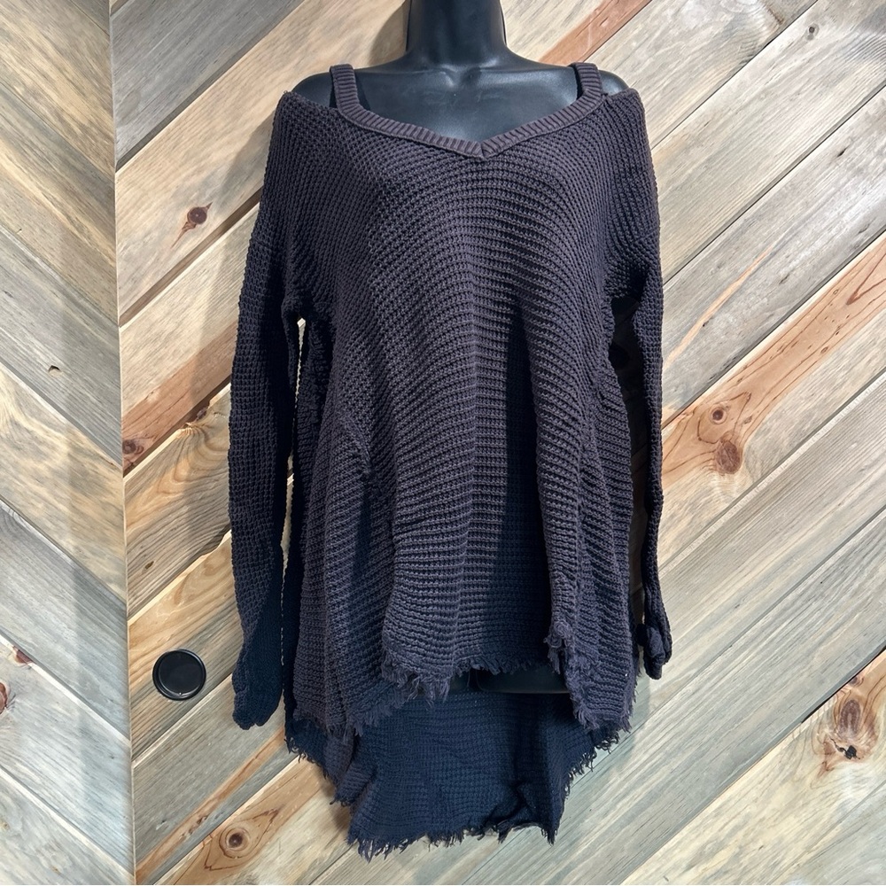Shabby Chic Boho Roomy Shag Fringe Seam Ruched Cuff Hi Low Waffle Knit Tunic S/M